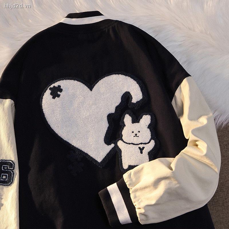Áo khoác bóng chày tay dài thêu hình gấu trái tim thời trang thu đông cho cặp đôi 2021/ Áo thun trắng