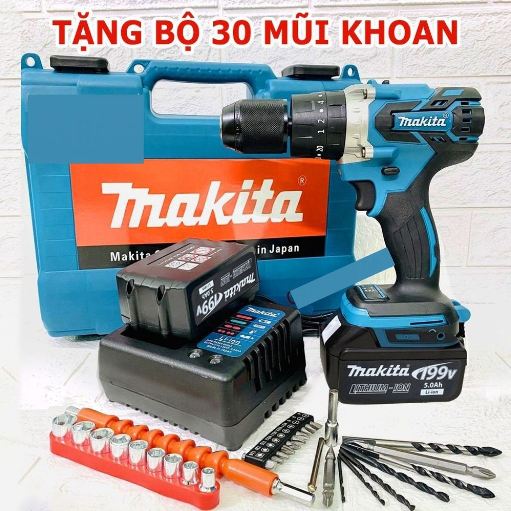 Máy khoan pin cầm tay Makita 2 PIN 199V chính hãng không chổi than cầm tay bắn bắt vặn vít đục khoan bê tông giá rẻ
