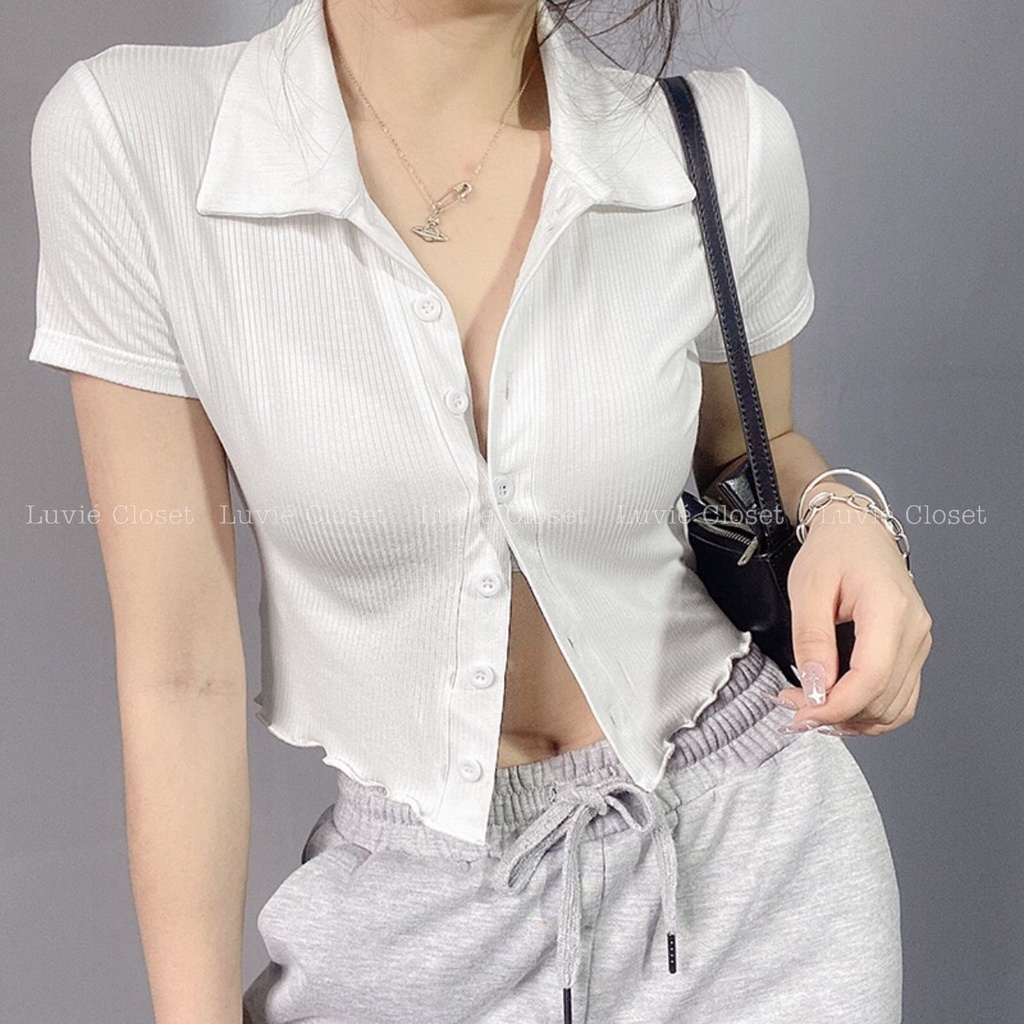 Áo croptop cổ bẻ cài cúc tay ngắn, Áo thun tay ngắn cổ polo năng động siêu xinh
