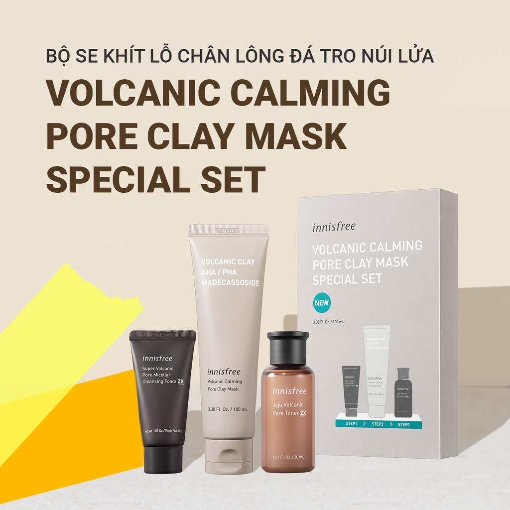 Bộ sản phẩm se khít lỗ chân lông đá tro núi lửa innisfree Volcanic Calming Pore Clay Mask Special Set