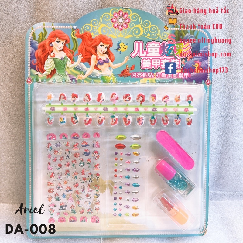 Bộ móng tay giả kèm sơn sticker dán móng cho bé dễ thương DA-008 Elsa Công chúa Elsa Ariel Sophia Peppa Pony Unicorn