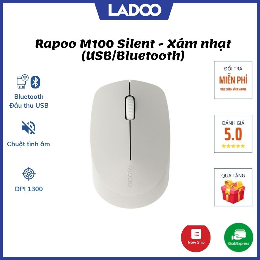 Chuột không dây Rapoo M100 Silent màu Xám nhạt (USB/Bluetooth) - Bảo hành 12 tháng