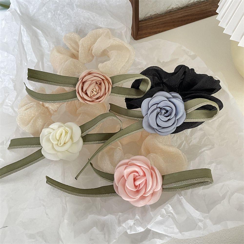 Dây Cột Tóc Vải Lụa Màu Xanh Lá In Họa Tiết Hoa Xinh Xắn Thời Trang Cho Nữ
