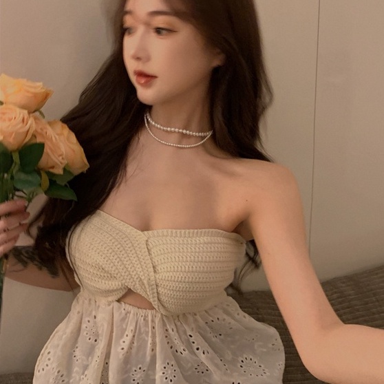 [Hana And Alice] Áo Dệt Kim Phối Ren Hở Vai Quyến Rũ Thời Trang