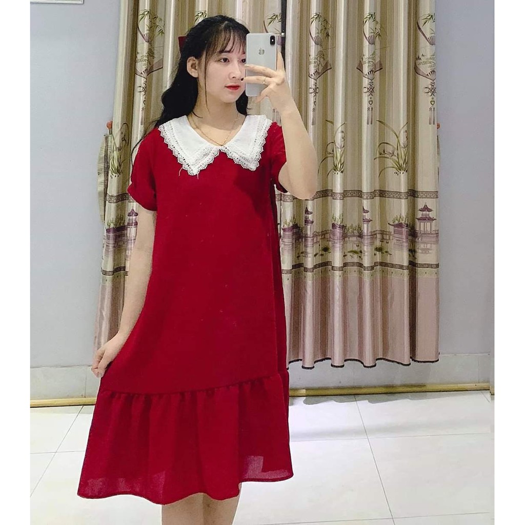 Váy Bầu  CHẤT LỤA HÀN CHÂU  Đầm Bầu, Váy Bầu Xuông Cổ Ren Thiết Kế Freesize từ 45-70kg