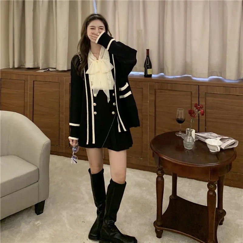 Áo Cadigan len trơn nữ màu đen trắng form rộng phối bo viền dài tay phong cách Ulzzang Basic Đi Học