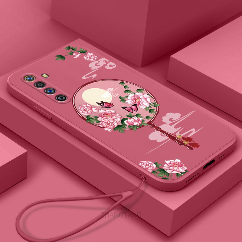 Ốp Điện Thoại Silicon Mềm Họa Tiết Hoa Mẫu Đơn Có Dây Đeo Cho Realme 6 Realme 6 pro