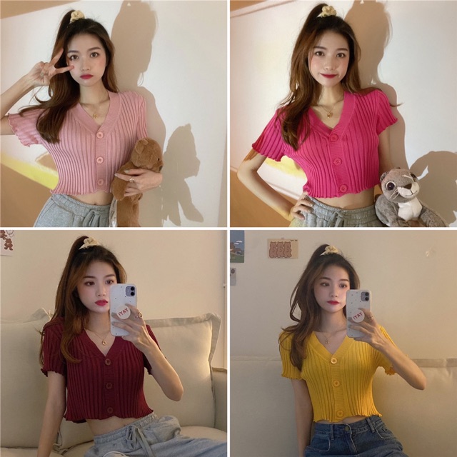 Áo croptop len sọc cổ V cúc ngực 1253 Ulzzang style Hàng Quảng Châu