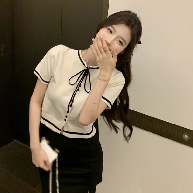 Áo Thun Baby Tee Nữ Tay Ngắn Áo Croptop Áo Phông Dệt Kim Tay Ngắn Cổ Tròn Đính Nơ Phong Cách Hàn Quốc Thời Trang Mùa Hè Cho Nữ