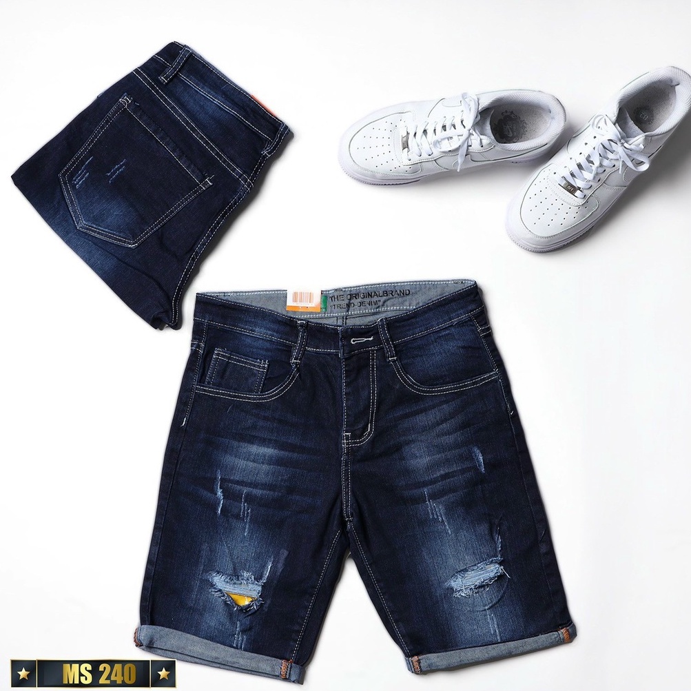 Quần jean nam ngắn short ngố đùi chất denim co giãn lửng rách màu xanh mới nhất 2022 thời trang King168 ms240