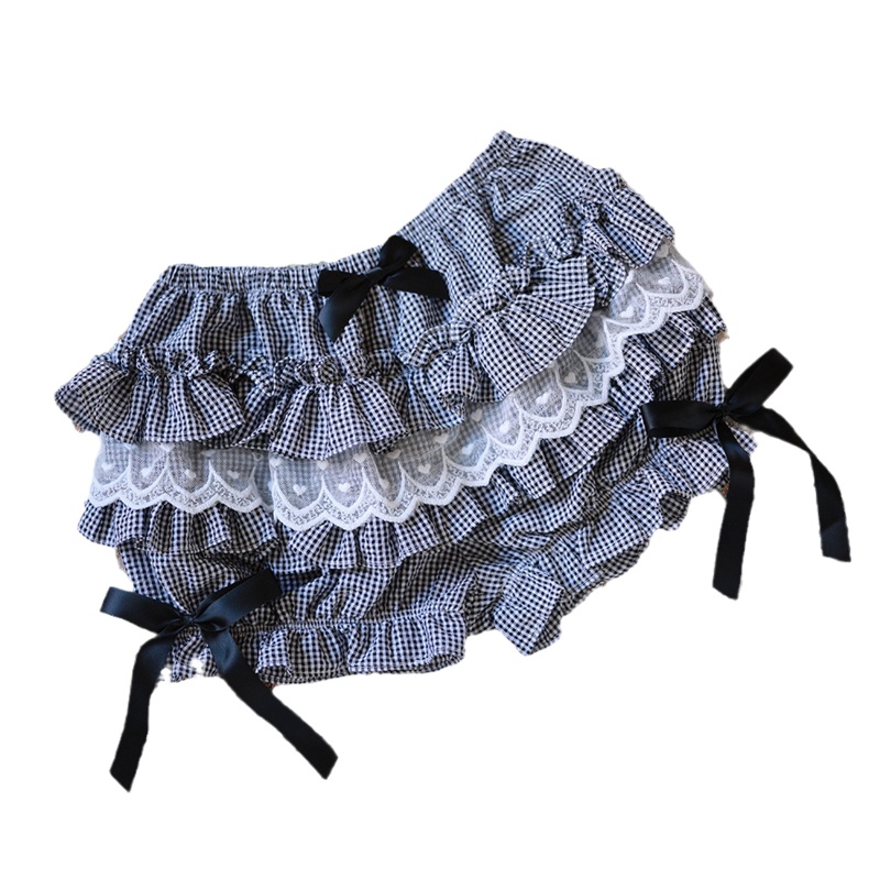 Youyo Quần Short Lolita Nhún Bèo Họa Tiết Caro Nhiều Lớp Viền Ren An Toàn Cho Nữ