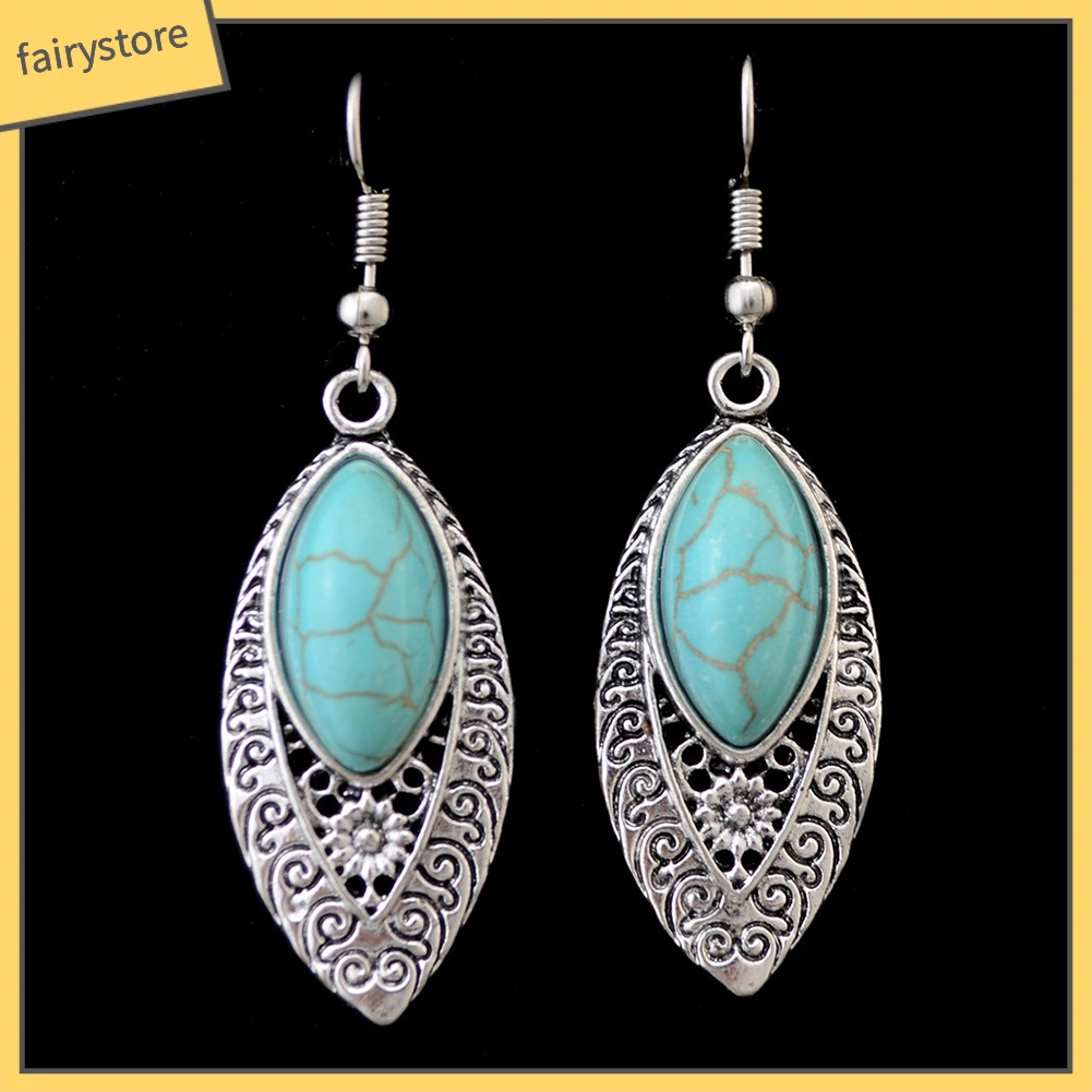 Bông tai dáng dài đính đá ngọc lam nhân tạo phong cách bohemian độc đáo
