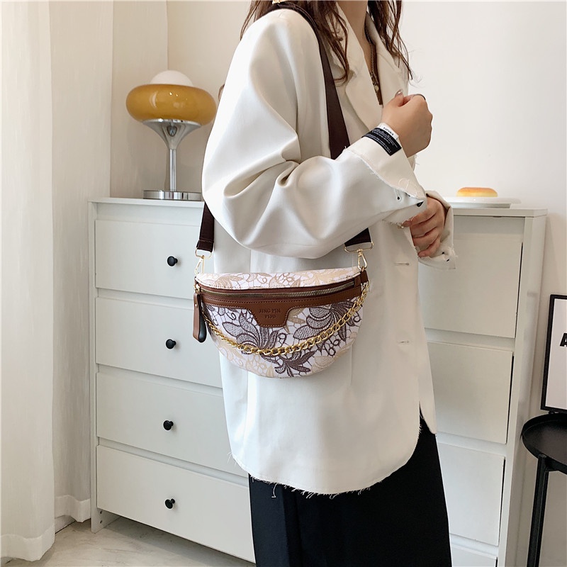 Túi Đeo Chéo Da PU Phối Dây Xích Vàng Thời Trang Hàn Quốc Cá Tính Cho Nữ