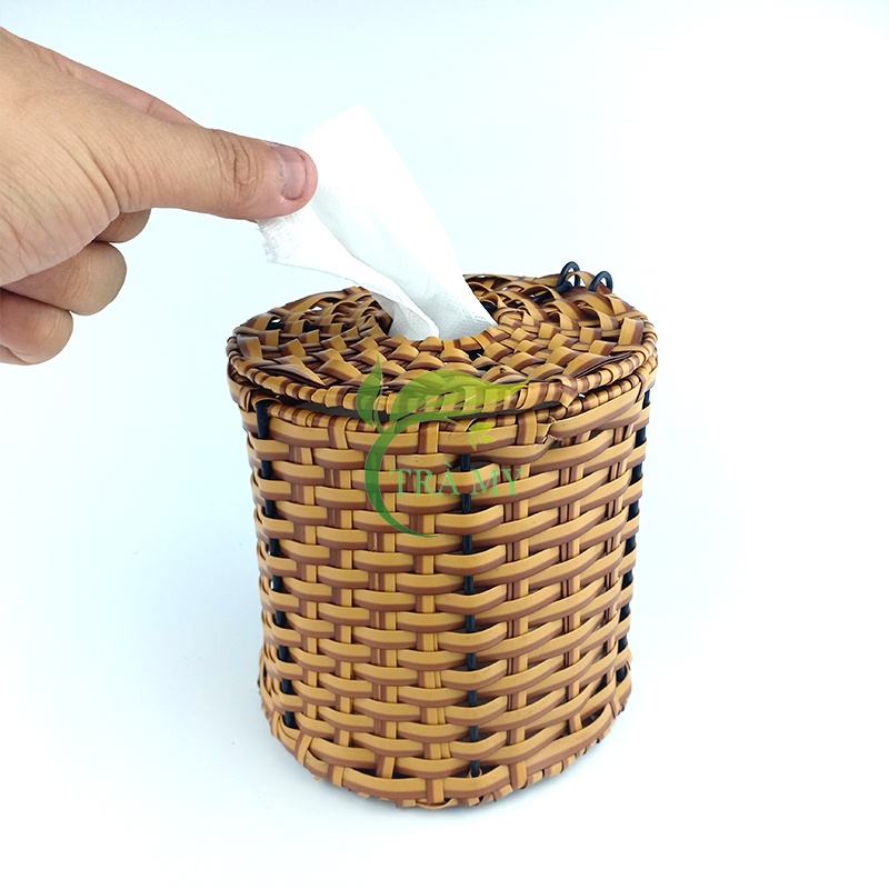 Hộp đựng khăn giấy tròn nhựa mây đựng giấy cuộn có nắp, hộp đựng khăn giấy rút quán ăn, gia đình - Mây Tre Trà My