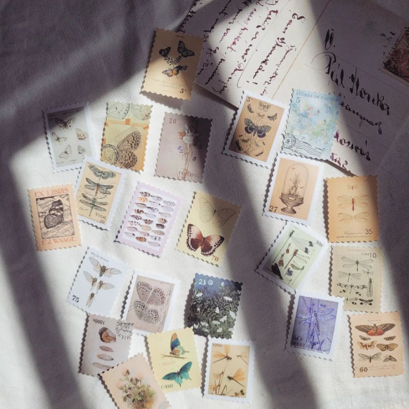 Set 46 sticker tem cổ điển tặng kèm postcard nhiều chủ đề dùng trang trí sổ bullet journal - ginandtonic