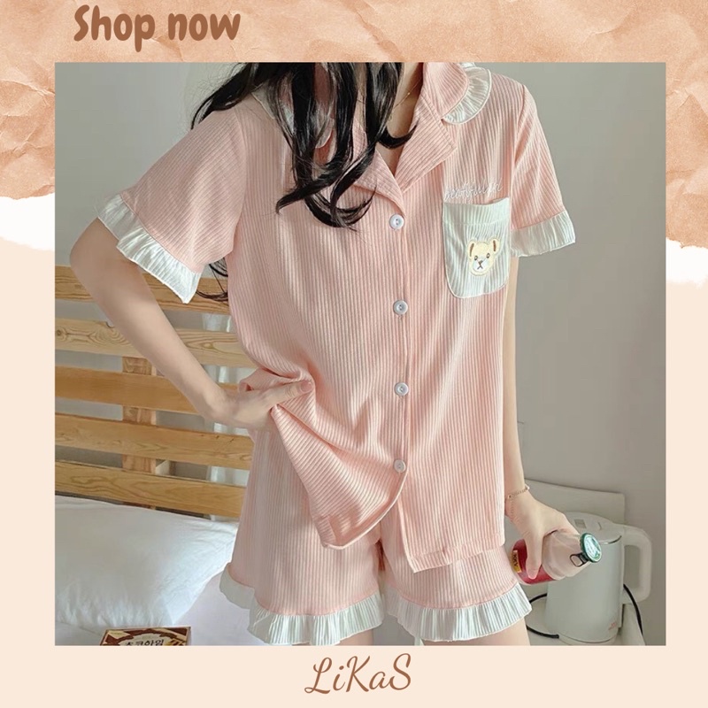 Bộ ngủ viền bèo thun gân form rộng