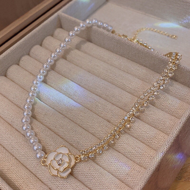 [ Bao Đẹp Y Hình] Dây Chuyền Vòng Cổ Mặt Hoa Trà Dây Đính Đá Siêu Đẹp Cao Cấp Mainia Shop
