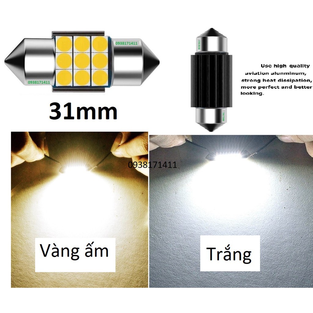 Led trần 31mm vàng ấm và trắng Festoon bóng đủa nội thất 9 chip 3030 cho ô tô.