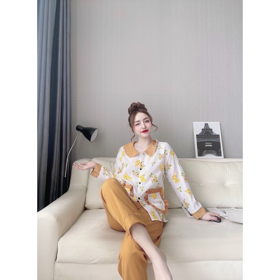 Đồ ngủ pijama tiểu thư tay dài in hình hoa siêu dễ thương vải kate lụa freesize dưới 57 kí