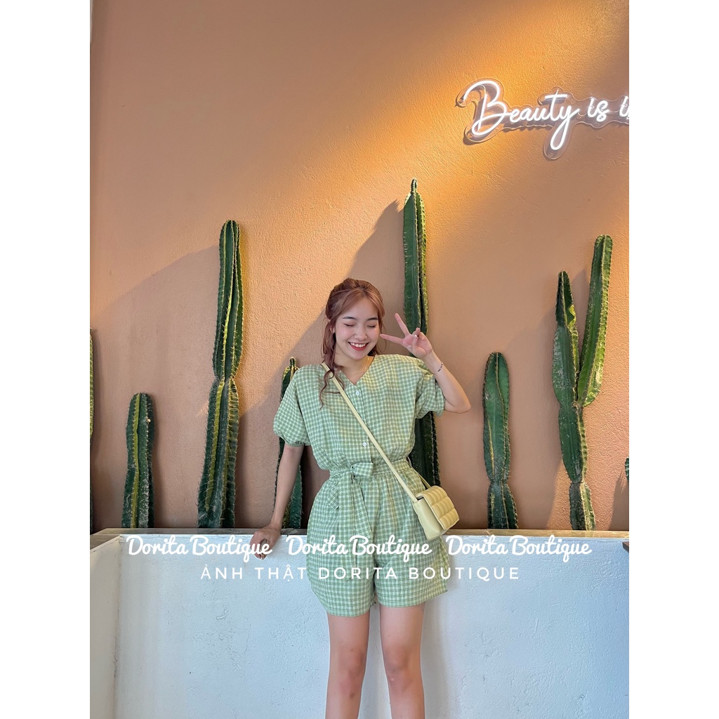 Jum kẻ kèm đai dáng Hàn, Jum kẻ caro kèm đai vải đũi xốp - Dorita Boutique