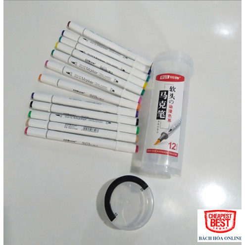 Bút Màu Marker, Highlighter, Viết Calligraphy 12 Màu RUI Baoke 6728-12, 2 Đầu Dẹt To và Tròn Nhỏ