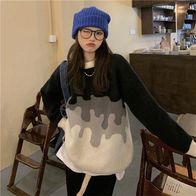 Áo Sweater Dệt Kim Dáng Rộng Cổ Tròn Phối Màu Hàng Mới Cho Nữ