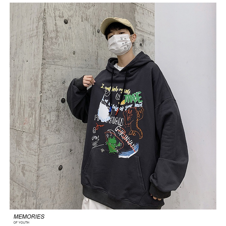 Áo hoodie cổ tròn dáng rộng họa tiết graffiti phong cách hiphop mới 2021 cho nam