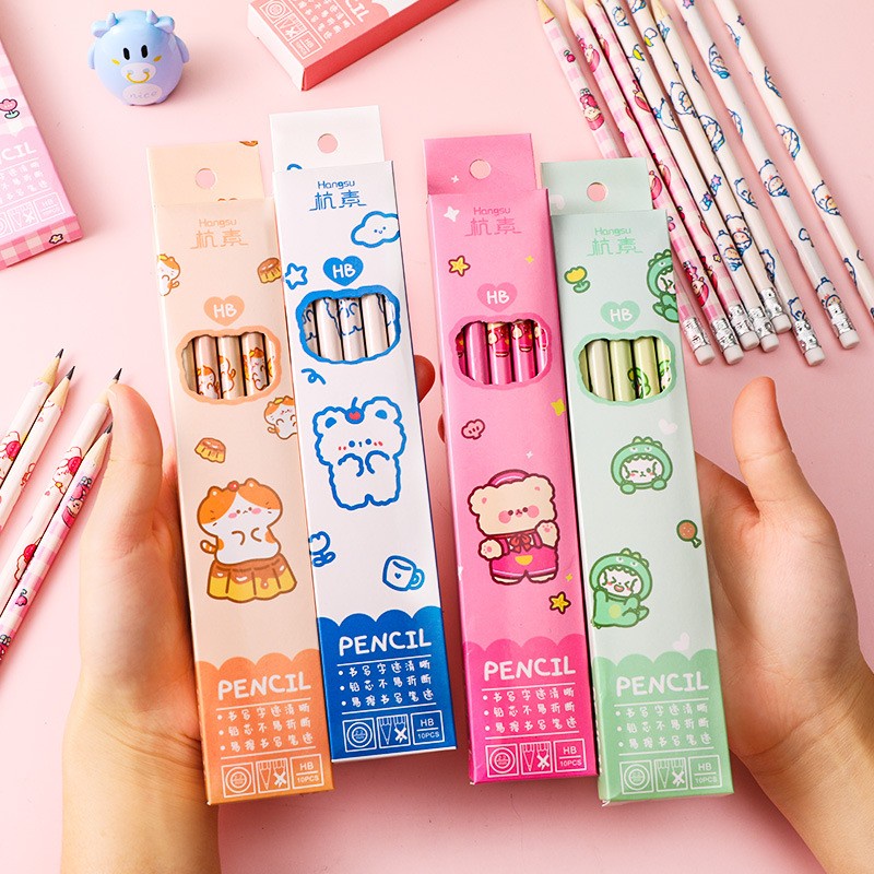 Bút Chì Gỗ HB Họa Tiết Hoạt Hình Kèm Gôm Tẩy Cho Học Sinh