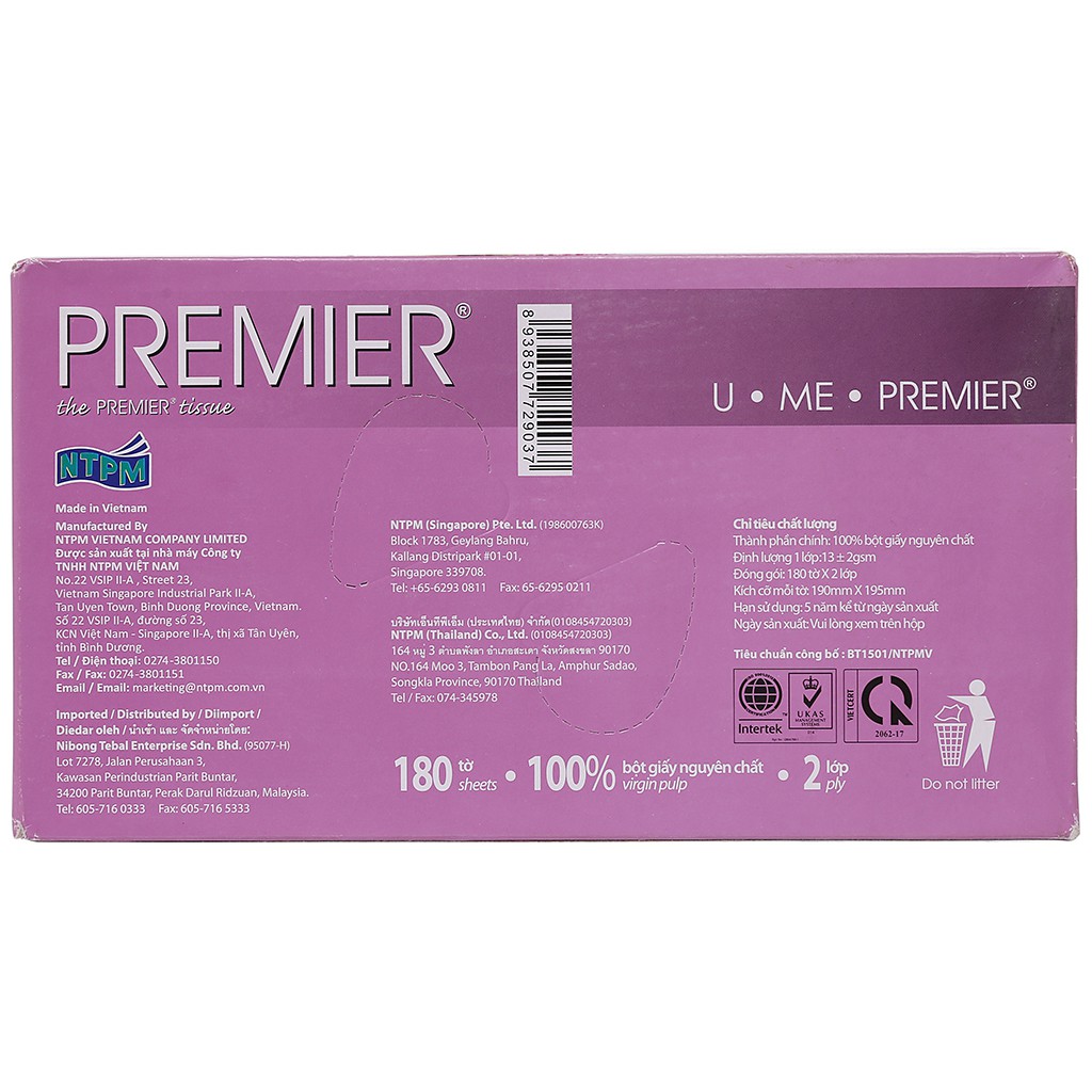 Khăn giấy lụa Premier hộp 180 tờ 2 lớp