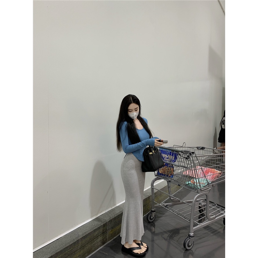 Cocory vn Áo Thun Dài Tay Cổ Chữ U Màu Trơn Thời Trang Mùa Hè Quyến Rũ