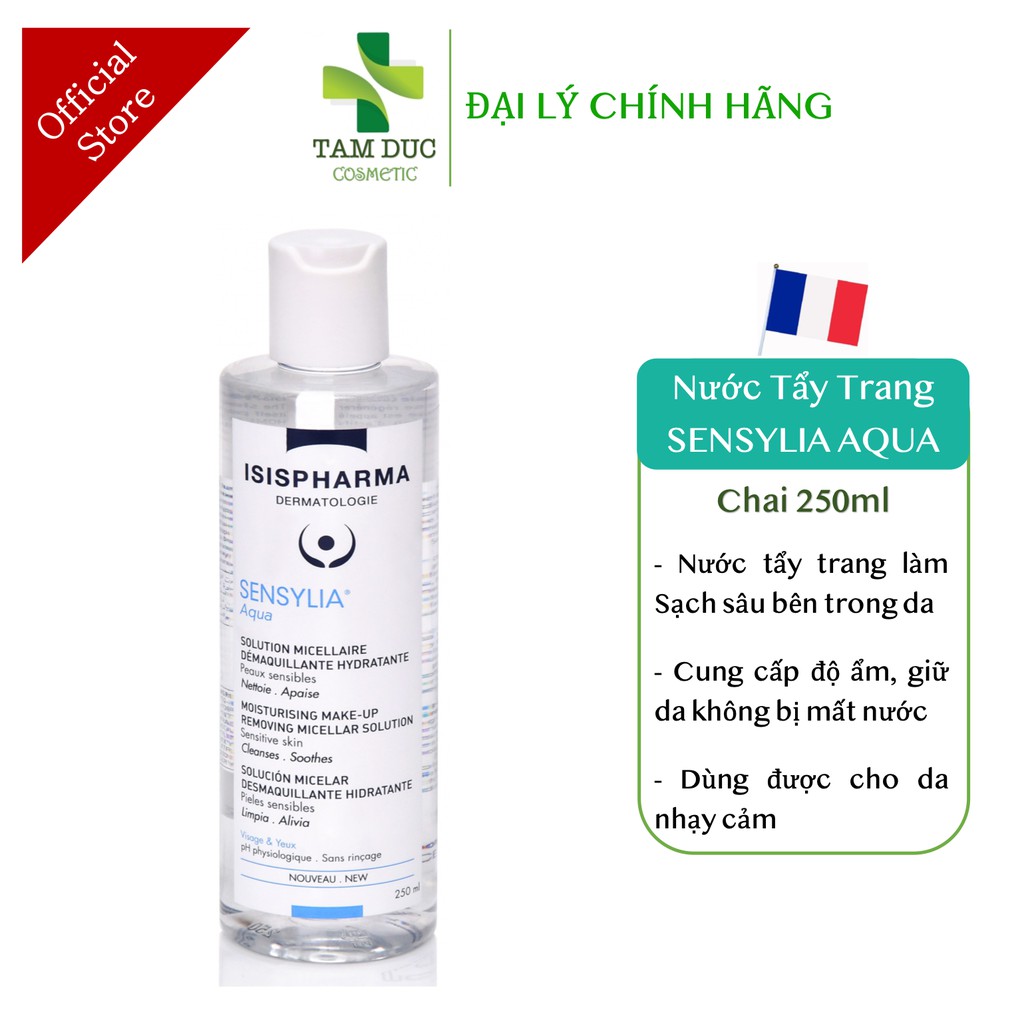 Tẩy trang SENSYLIA Aqua 250ml ISIS Pharma Làm sạch Dưỡng ẩm dùng được cho da nhạy cảm