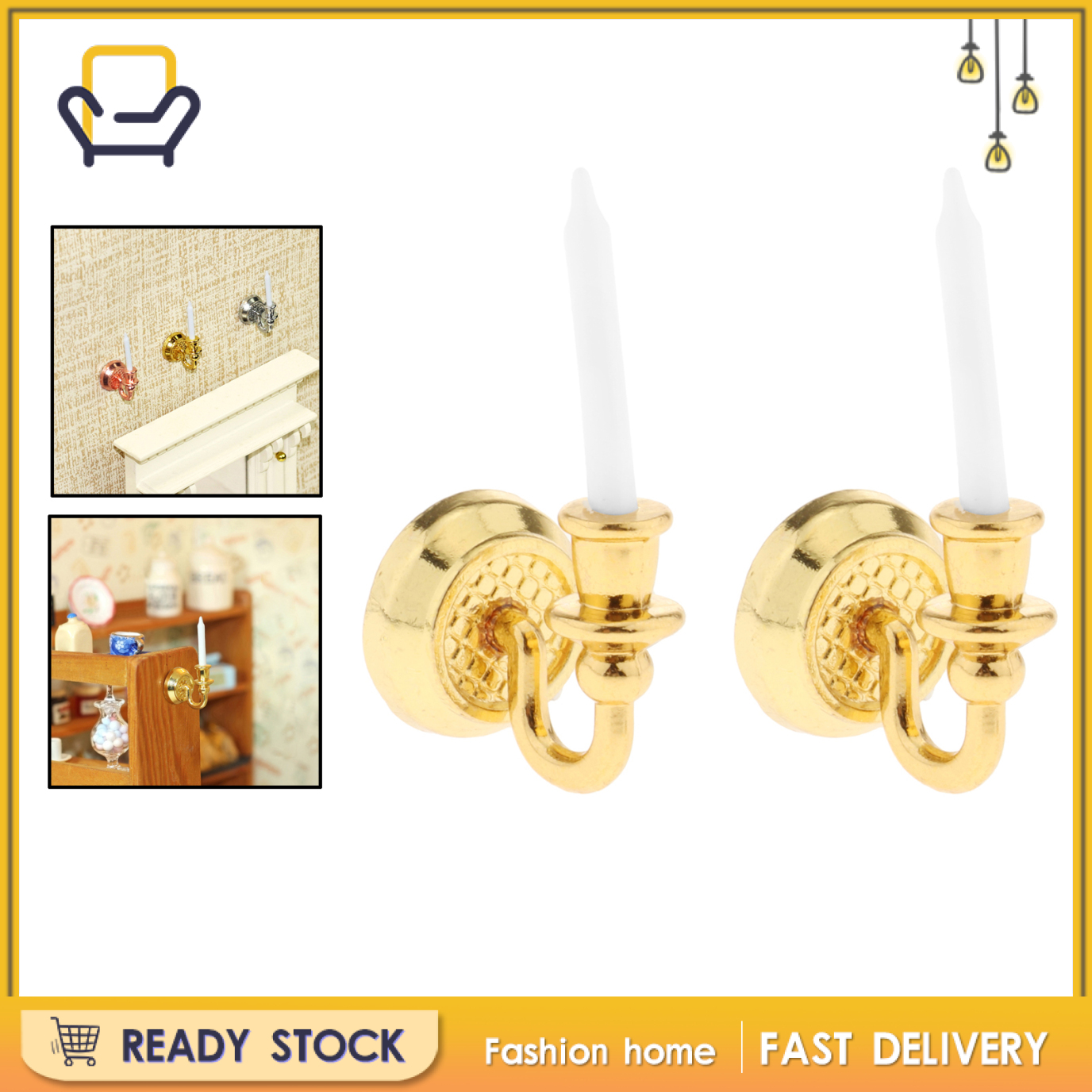 【Fashion home】1:6 1/12 Mini Doll House Wall Candle Holder Scene Model DIY Decor Props gold