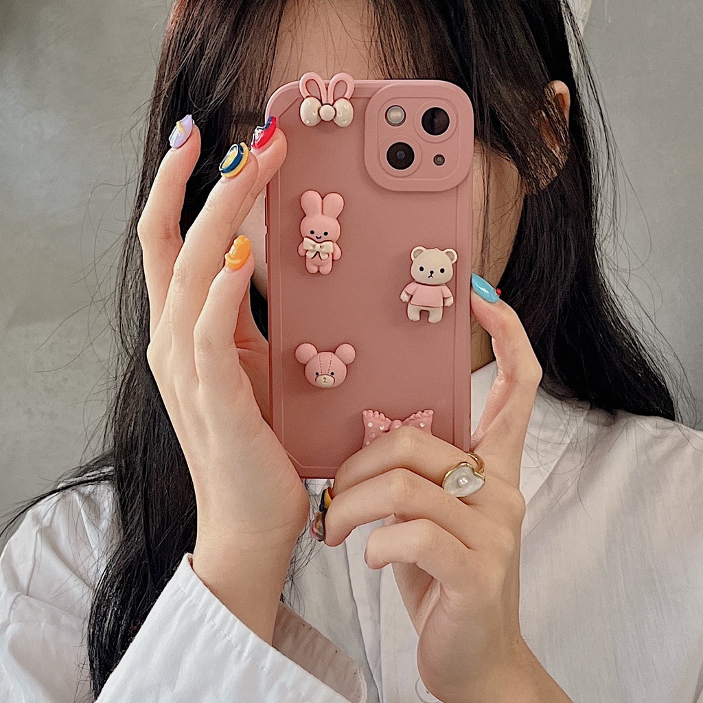 Ốp Điện Thoại Màu Hồng In Hình Gấu Hoạt Hình 3D Bảo Vệ Toàn Diện Chống Sốc