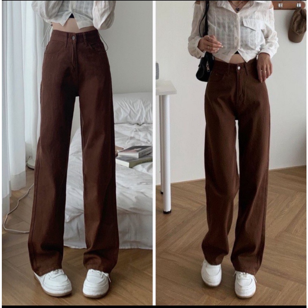 Quần kaki ống rộng lưng cao màu nâu đậm hottrend - Quần dài ống suông trơn basic