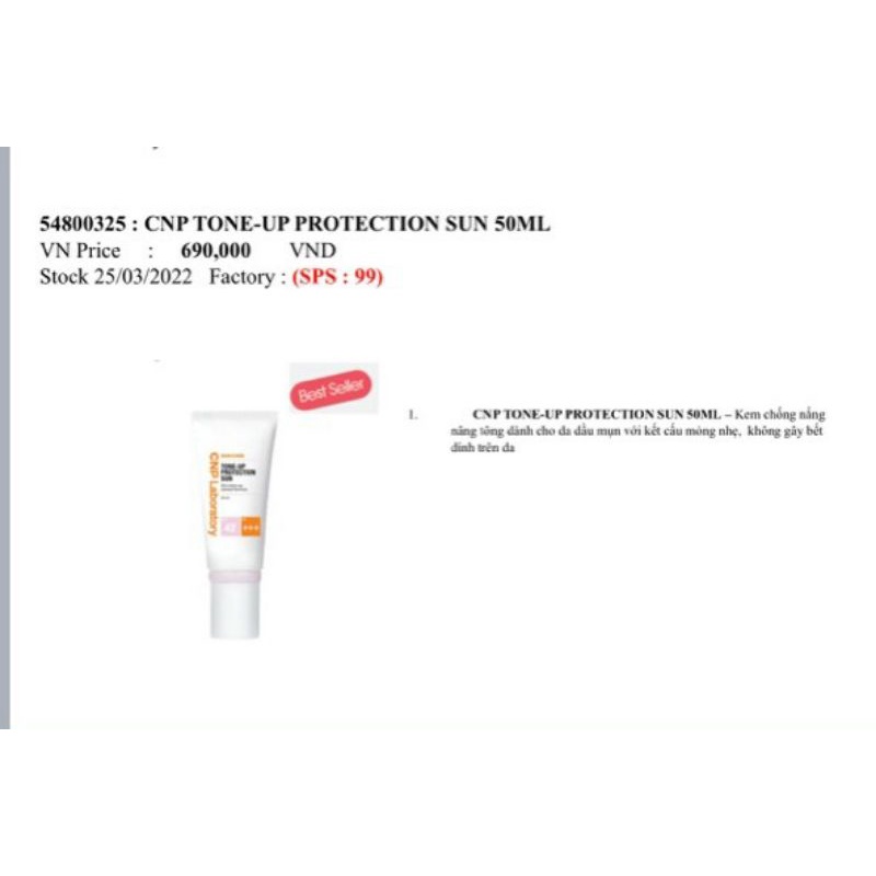 Kem chống nắng nâng tông da CNP Laboratory Tone-Up Protection Sun SPF42/PA+++ 50ml