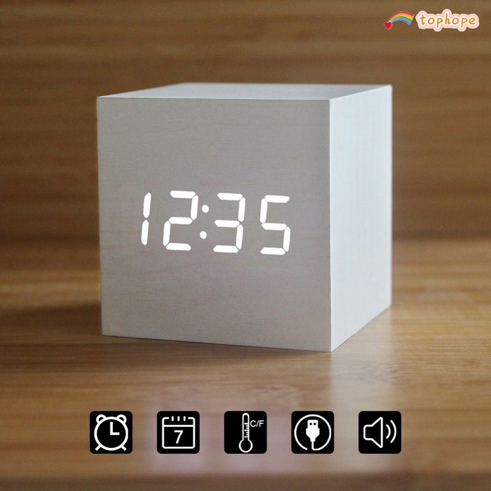 Đồng hồ báo thức điện tử để bàn bằng gỗ có đèn LED nhiều màu sắc