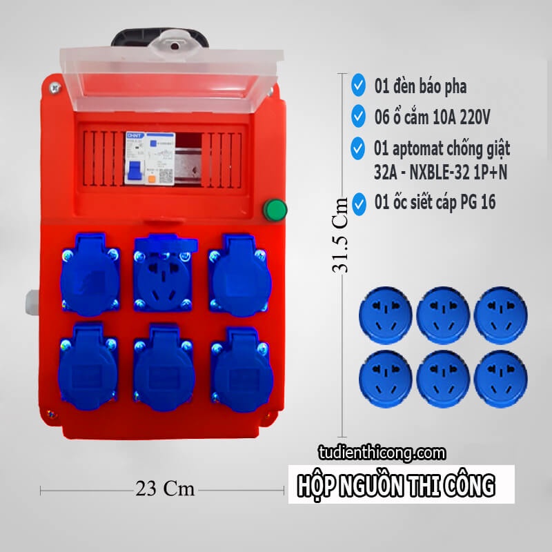 Hộp cấp nguồn 1 pha Tâm Việt , hộp điện 6 ổ cắm đa năng 220V có nắp kèm aptomat chống giật xách tay tiện lợi