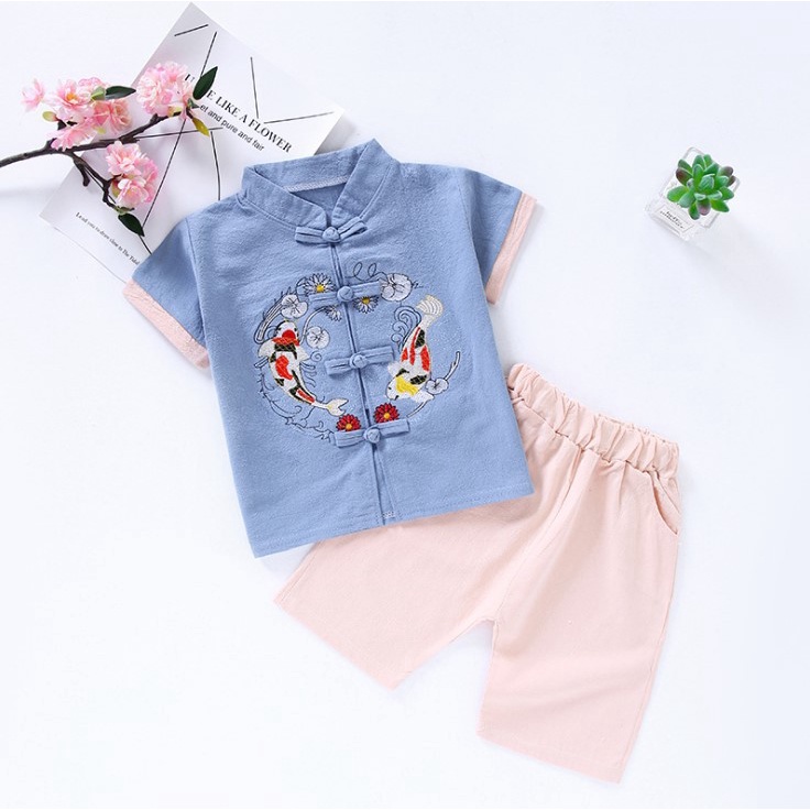 Set Áo Thun Ngắn Tay + Quần Dài Thêu Họa Tiết Phong Cách Trung Hoa Mừng Năm Mới Cho Bé Trai