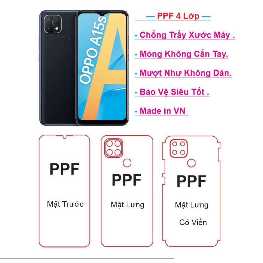 Dán Dẻo PPF Oppo A15s ,Dán PPF Màn Hình và Dán Lưng ,Chống Trầy Xước , Tặng Bộ Dụng Cụ Dán .