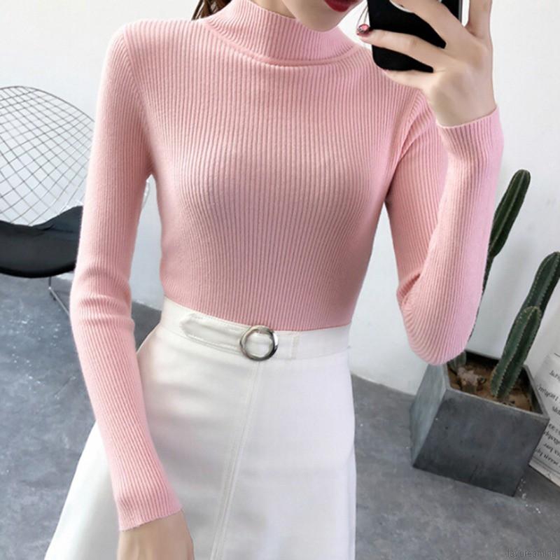 Áo Sweater tay dài màu trơn thiết kế cổ lọ thanh lịch