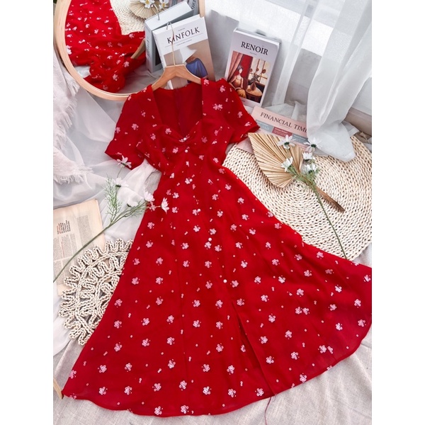 ĐẦM ĐỎ HOA NHÍU NGỰC MIDI