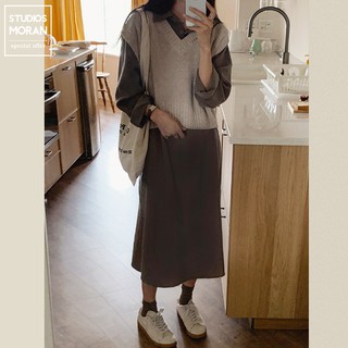 (ORDER) Váy sơ mi dài tay thắt eo suông dài mùa thu MORAN + Áo len gile style vintage Hàn Quốc