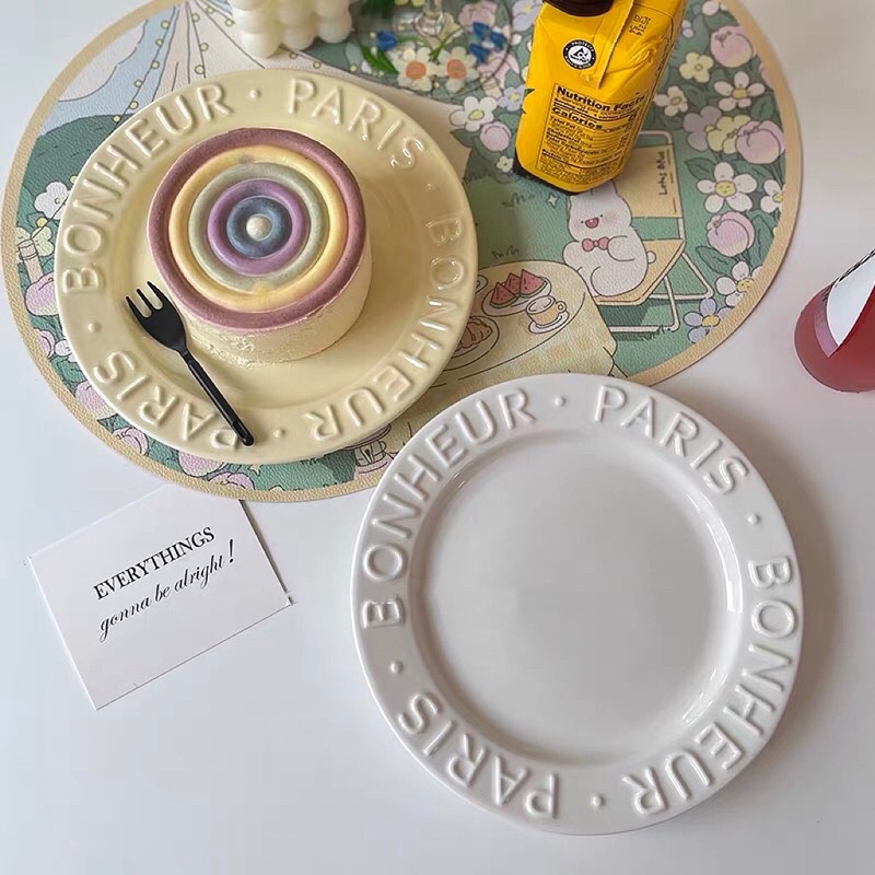 Đĩa sứ cao cấp in chữ nổi Bonmi màu pastel phong cách Hàn quốc