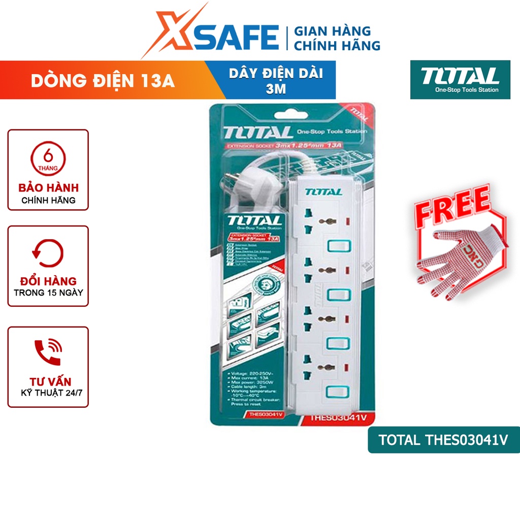 Ổ Cắm Điện Đa Năng TOTAL THES03041V 4 ổ cắm Công tắc riêng 13A tải 3250W Dây đồng 3m chống cháy, quá tải, chống giật