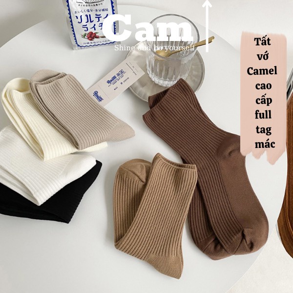 Tất Vớ Cổ Cao Gân Trơn Nam Nữ Màu Set Camel Kem Sữa Hàn Quốc Tất Thể Thao Basic