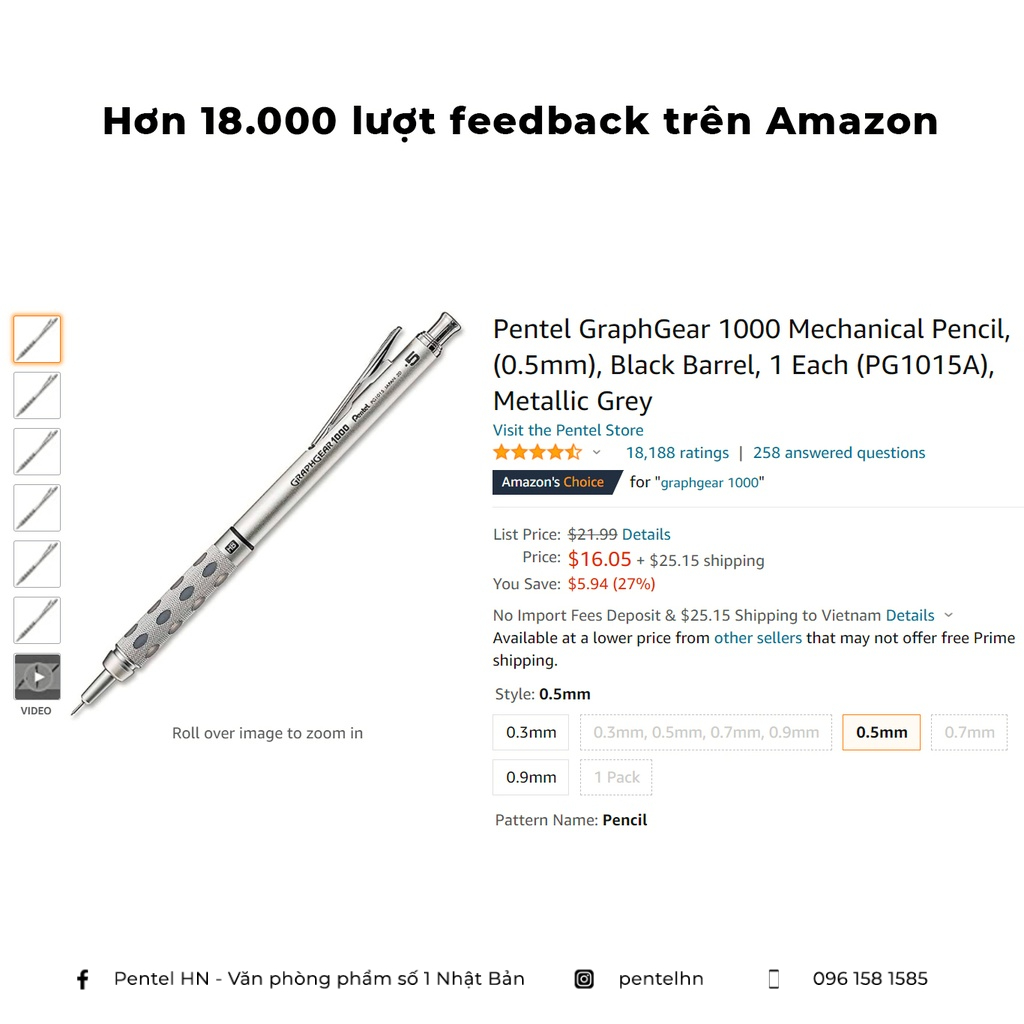 Bút Chì Kim Pentel Graphgear 1000 Inox | Chì Kỹ Thuật Chuyên Nghiệp Chuyển Được Độ B | Vẽ Phác Thảo, Kiến Trúc, Mỹ Thuật