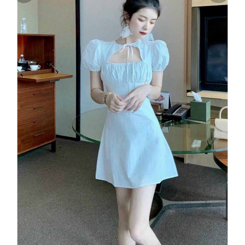 Đầm đũi tay phồng nhún ngực xinh xắn trẻ trung