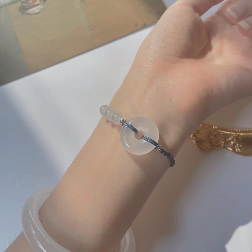 Hàng Mới Về [Hàng Mới Về] Vòng Tay Bện Dây Đính Hạt Ngọc Bích Trắng An Toàn Cho Nữ