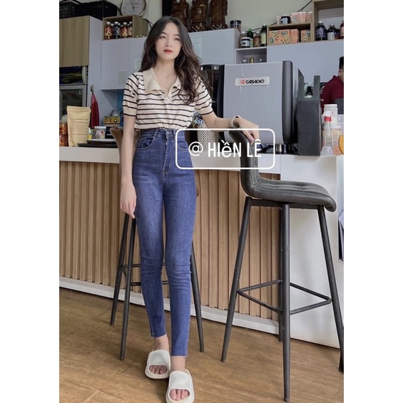 Set Jeans dài co giãn tua lai + croptop cổ bẻ sọc