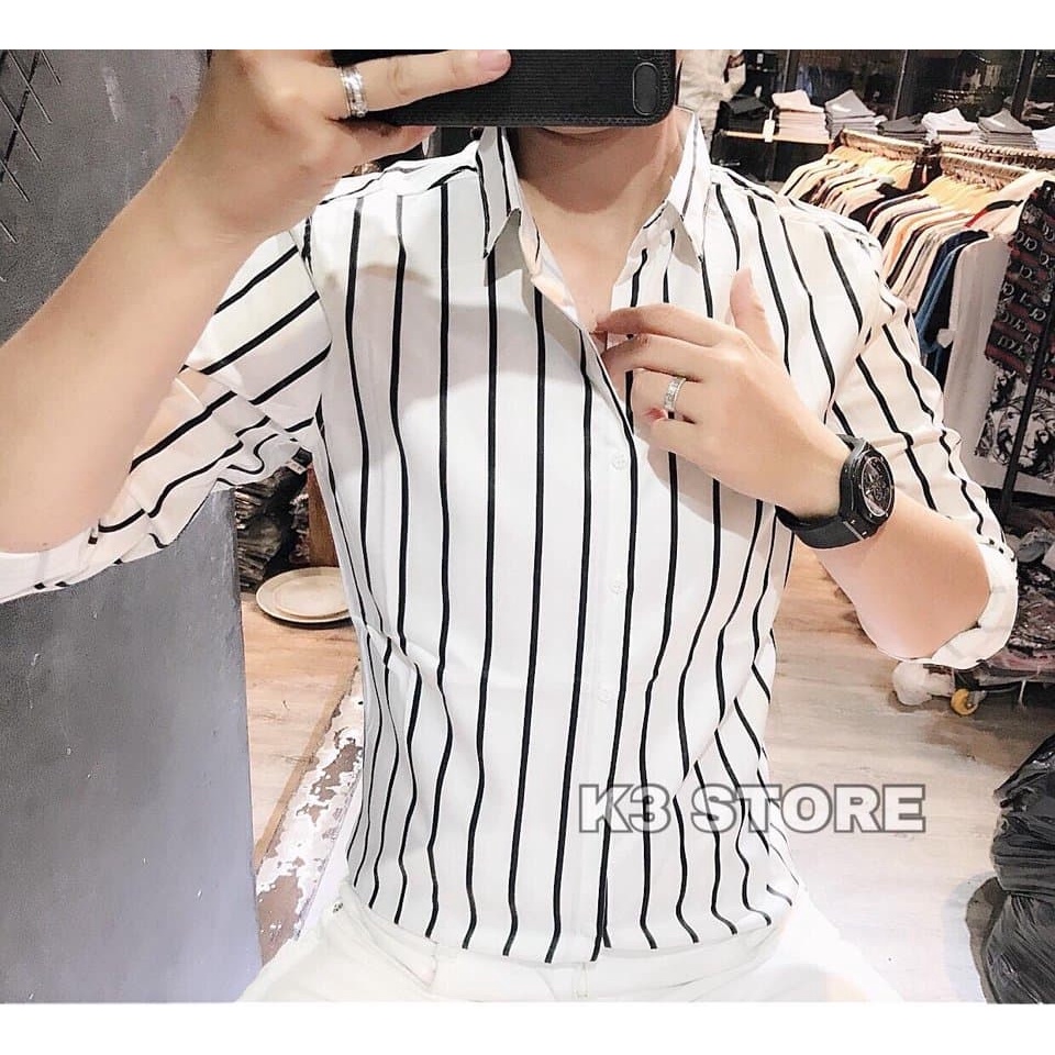 ÁO Sơ Mi Nam CHẤT LỤA DÀI TAY PHONG CÁCH HỌA TIẾT TRẮNG SỌC ĐEN MS 09 MON SHOP